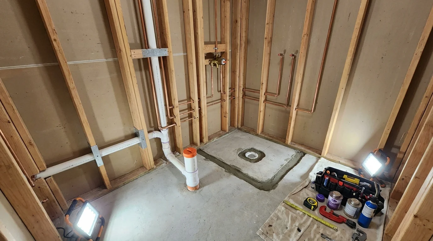 Bathroom rough-in plumbing during remodel by Johns Plumbing LLC in Williams Bay