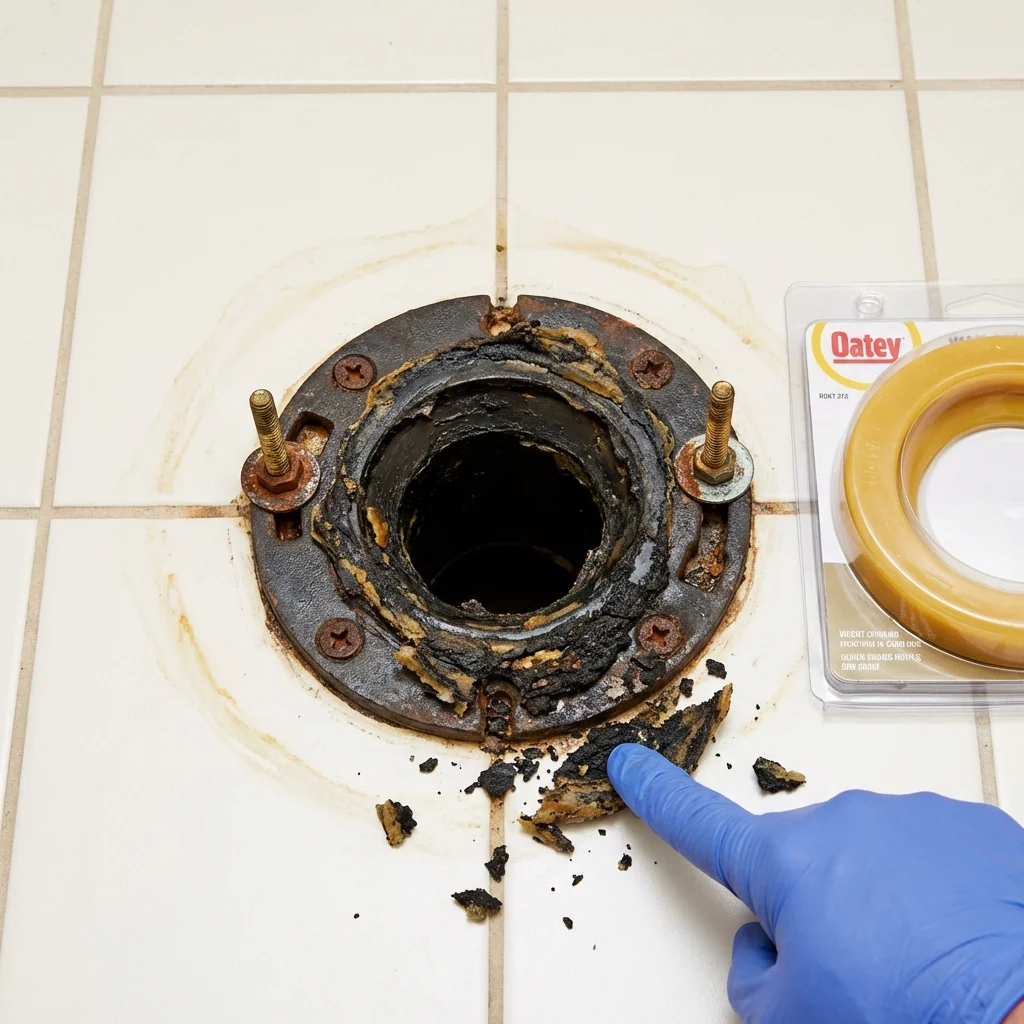 Failed wax ring showing water seepage at the base of a toilet in a Williams Bay, WI home
