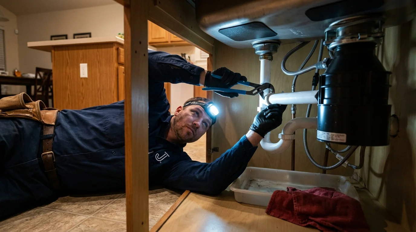 P-trap and supply line connections under a kitchen sink showing a common leak point in Williams Bay, WI